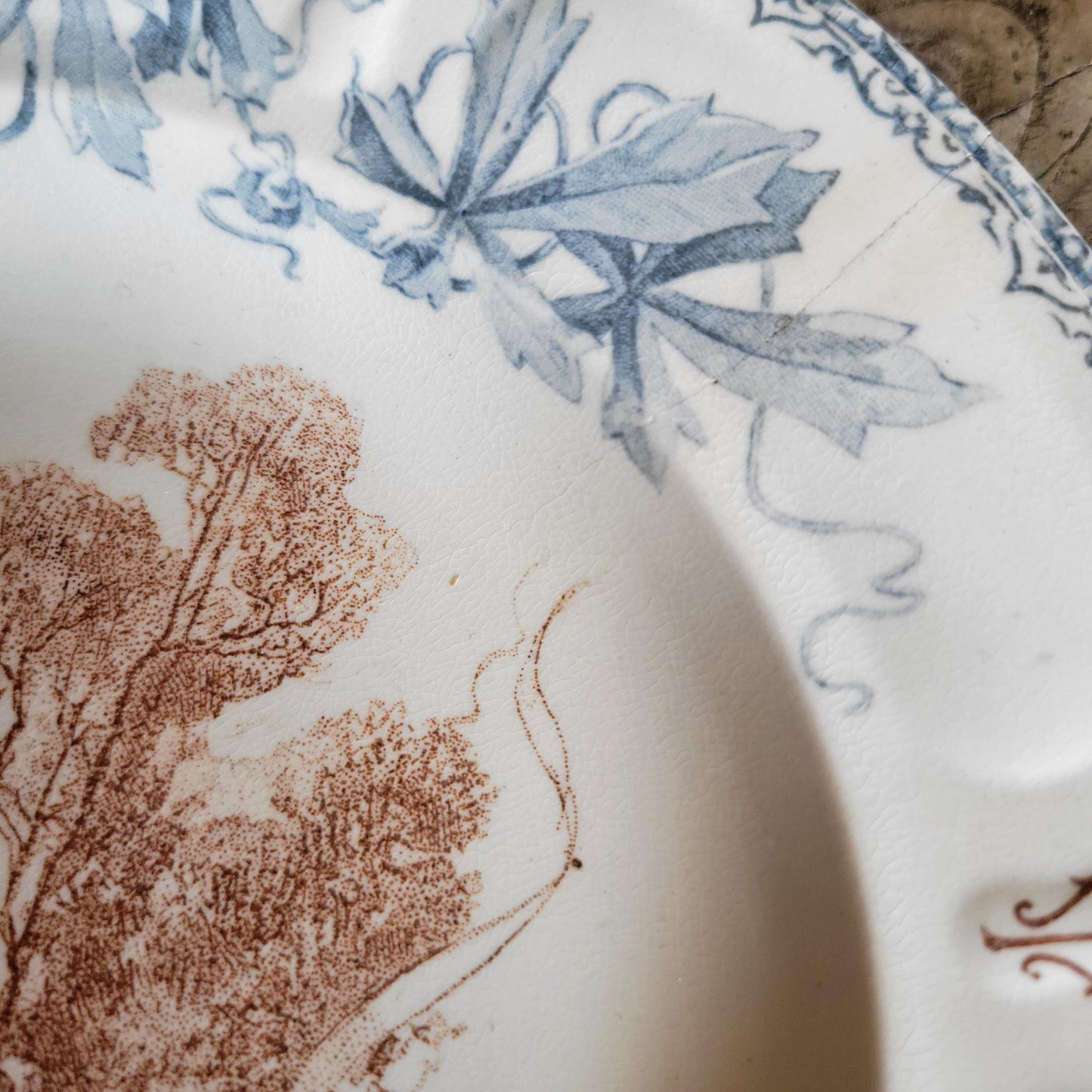 Pair of Choisy-le-Roi XIII Plates, ‘Le Soir’ and ‘La Jetée’, Blue-Brown Transferware, France c.1880