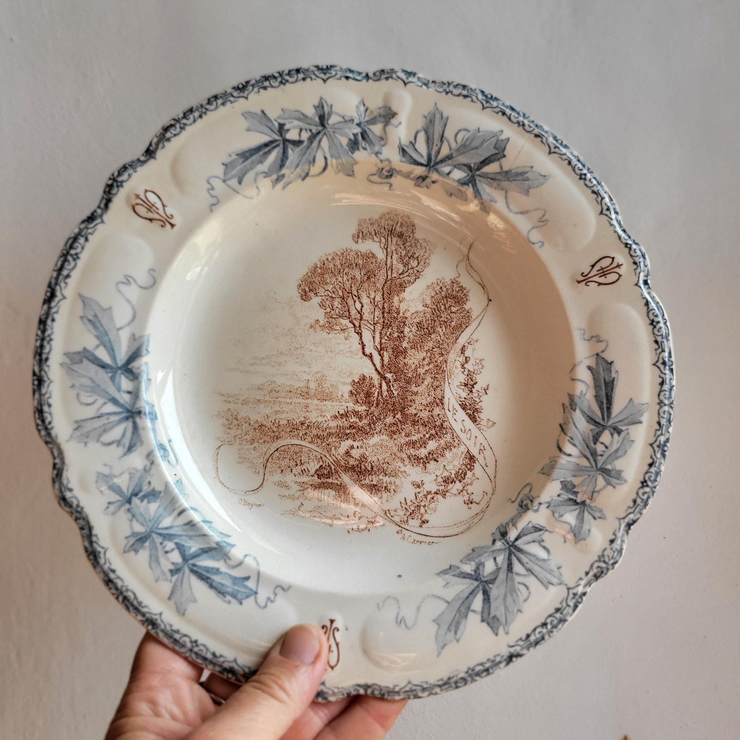 Pair of Choisy-le-Roi XIII Plates, ‘Le Soir’ and ‘La Jetée’, Blue-Brown Transferware, France c.1880