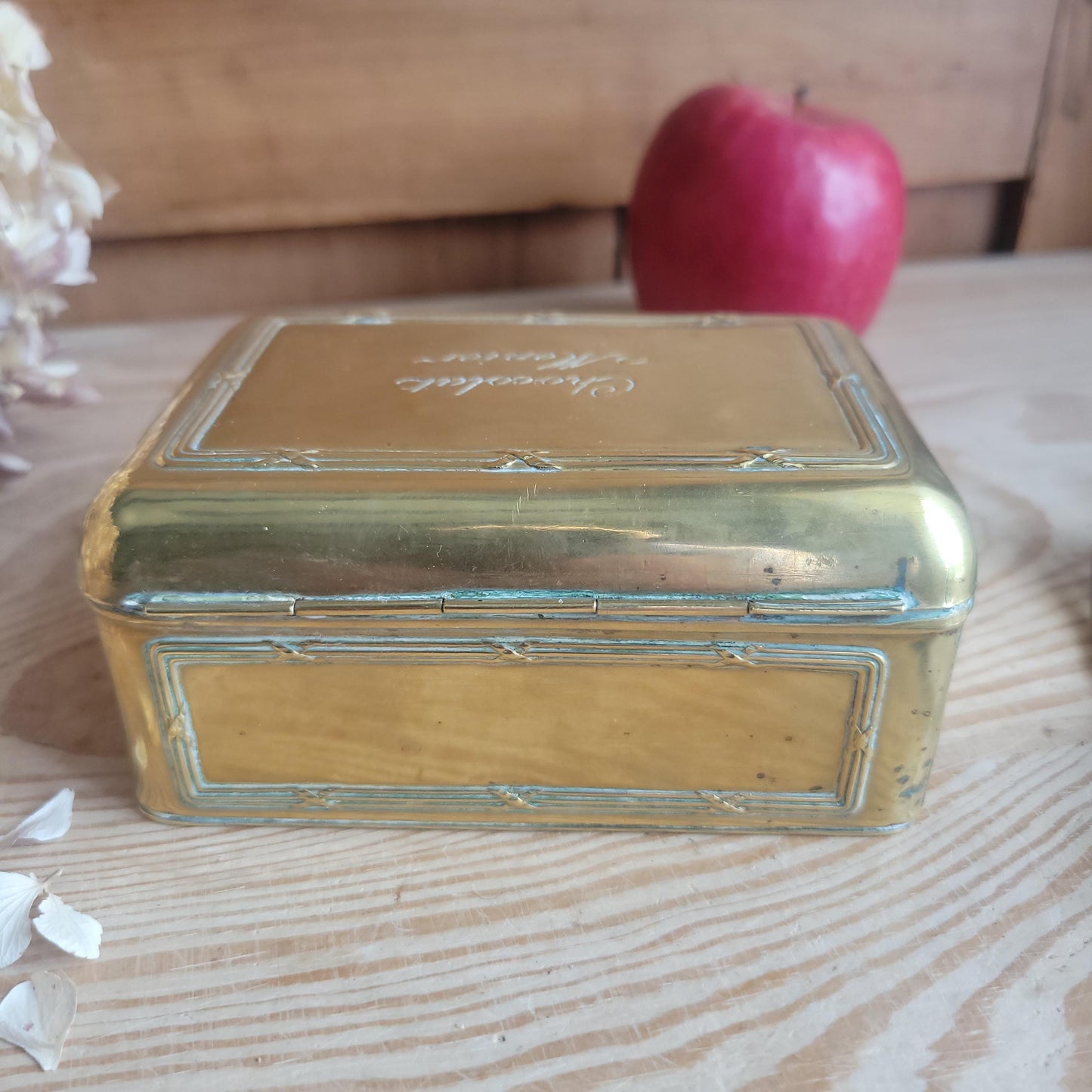 Antique Brass Chocolat Menier Box with Hinged Lid, France c.1900