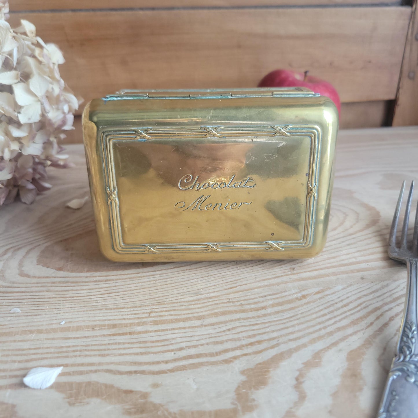 Antique Brass Chocolat Menier Box with Hinged Lid, France c.1900