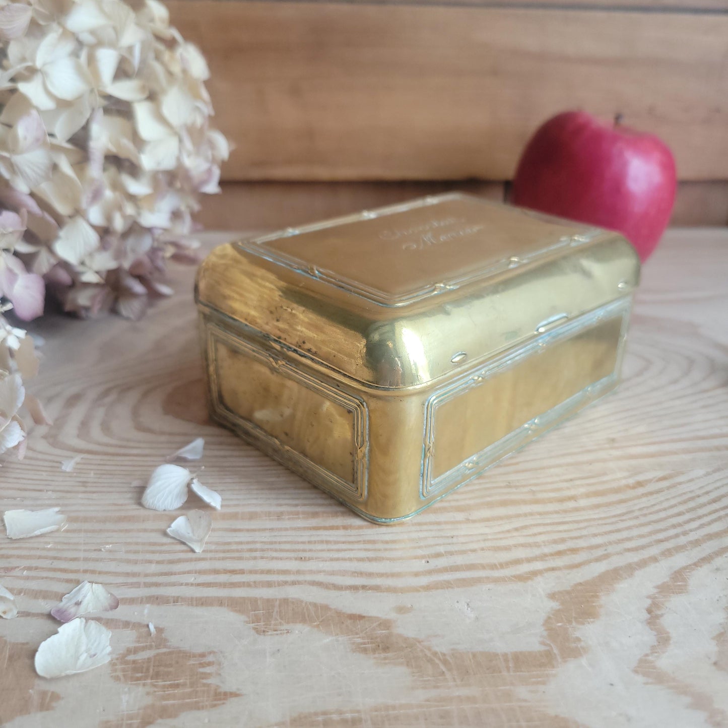 Antique Brass Chocolat Menier Box with Hinged Lid, France c.1900