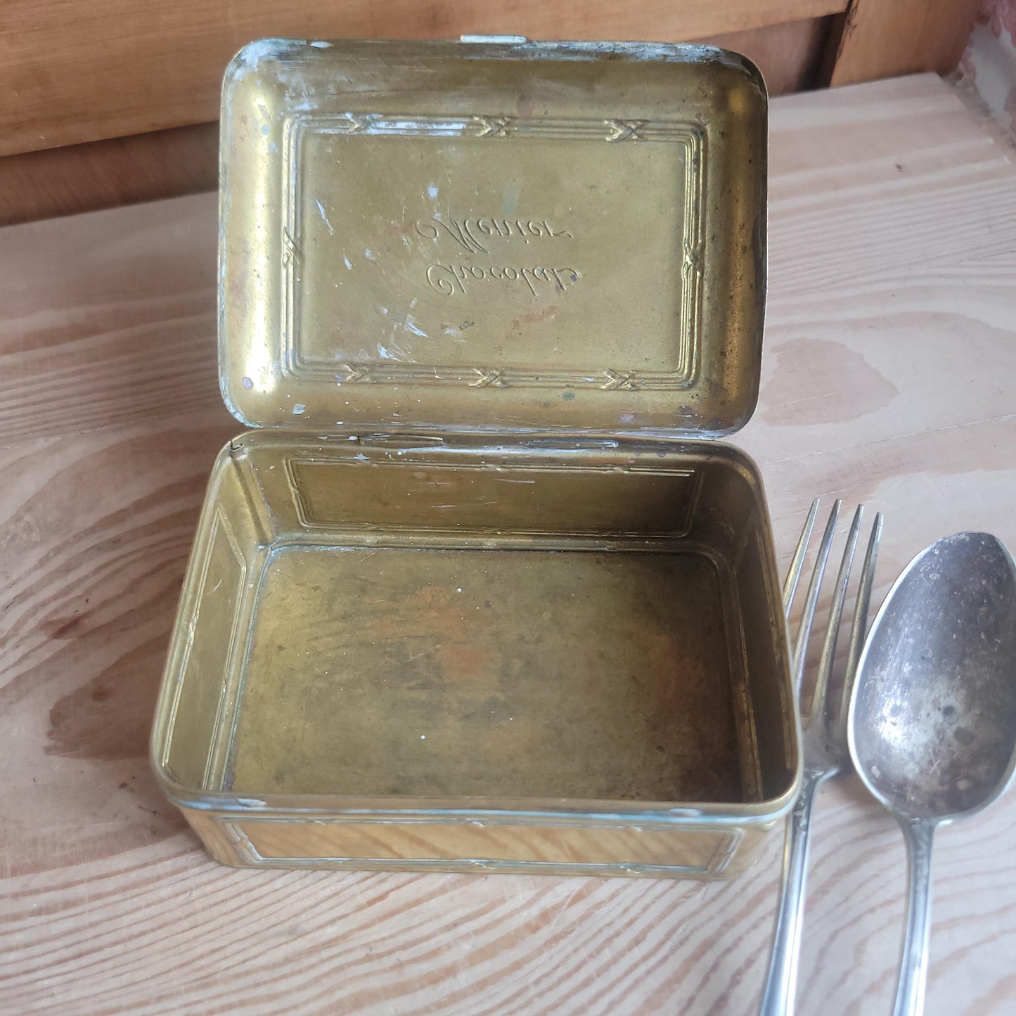 Antique Brass Chocolat Menier Box with Hinged Lid, France c.1900