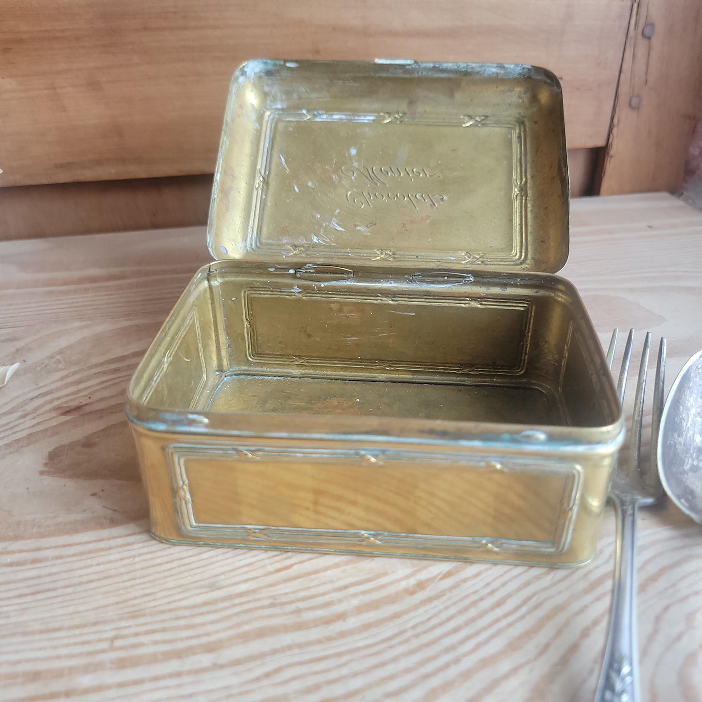 Antique Brass Chocolat Menier Box with Hinged Lid, France c.1900