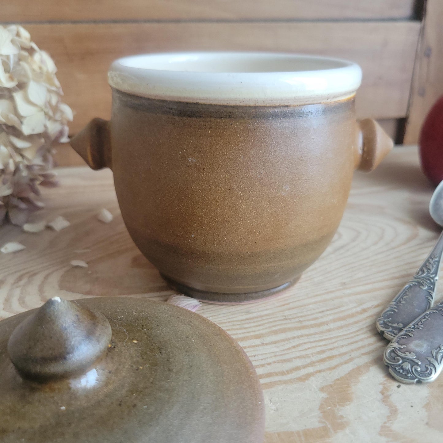 Small Stoneware Lidded Pot with Brown Glaze and White Interior, France c.1920
