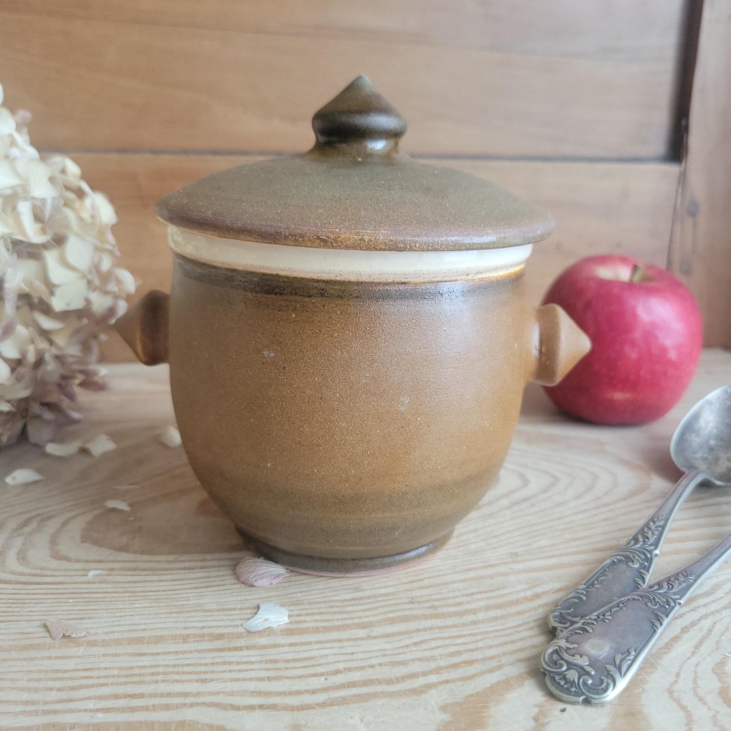 Small Stoneware Lidded Pot with Brown Glaze and White Interior, France c.1920