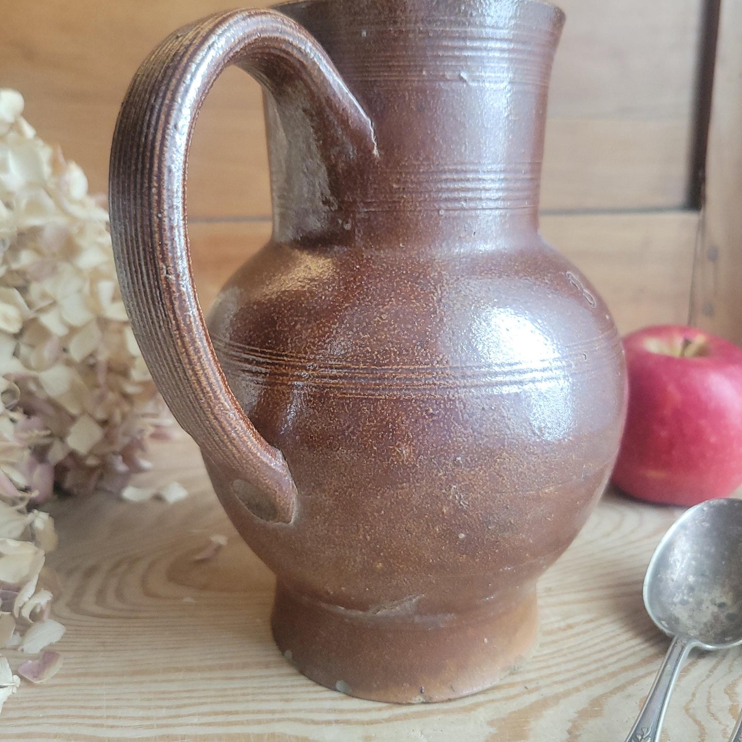 Berry French Stoneware Jug with Dark Brown Glaze and White Interior, France c.1900
