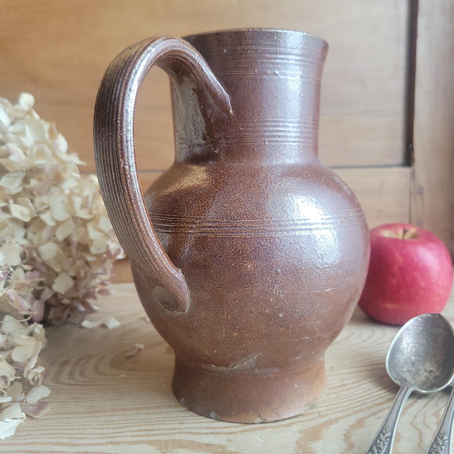 Berry French Stoneware Jug with Dark Brown Glaze and White Interior, France c.1900