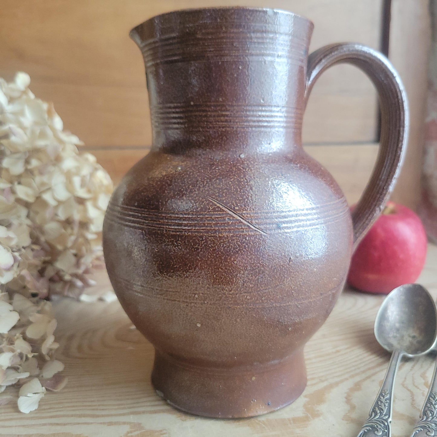 Berry French Stoneware Jug with Dark Brown Glaze and White Interior, France c.1900