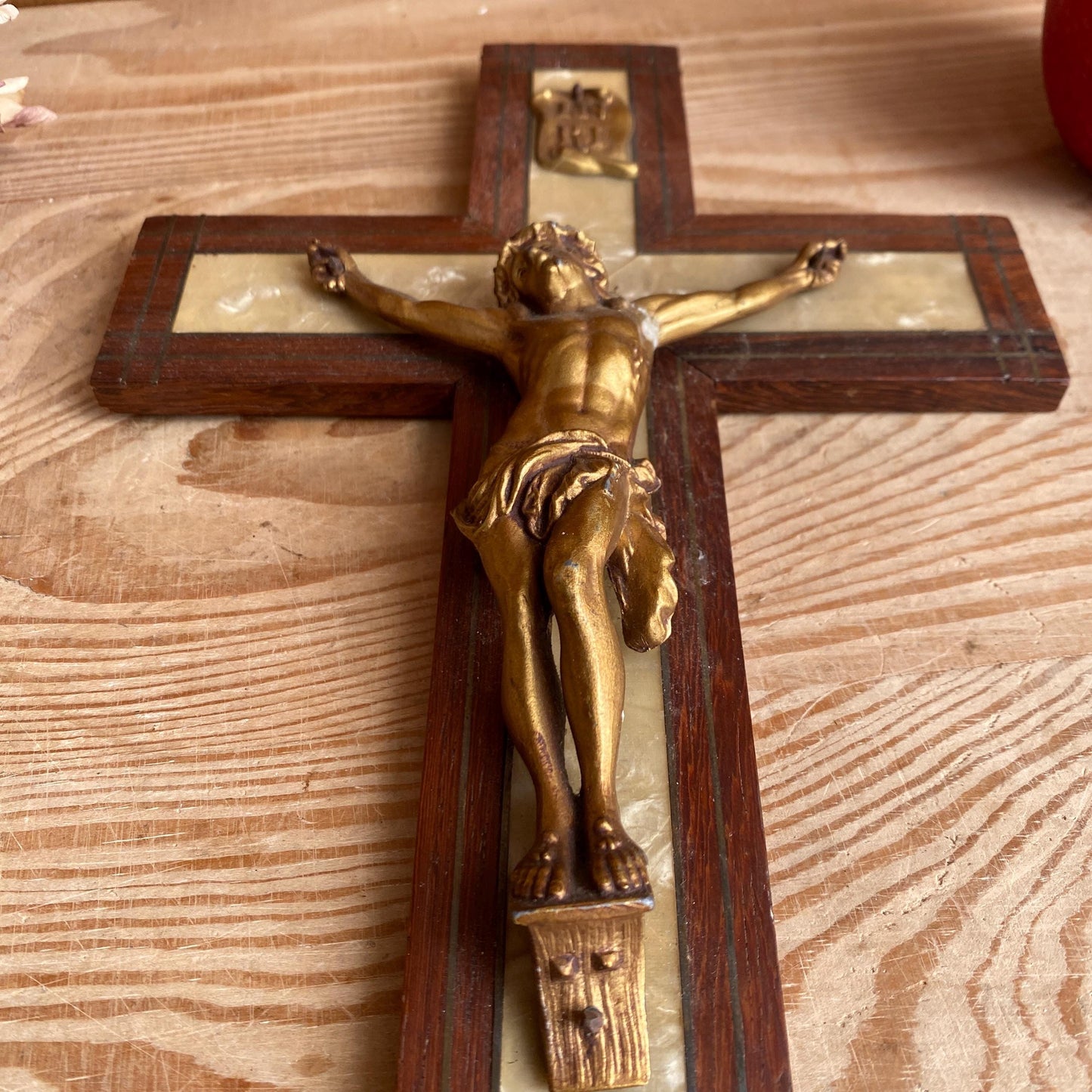 Vintage Crucifix in Wood, Stone and Metal, France c.1940