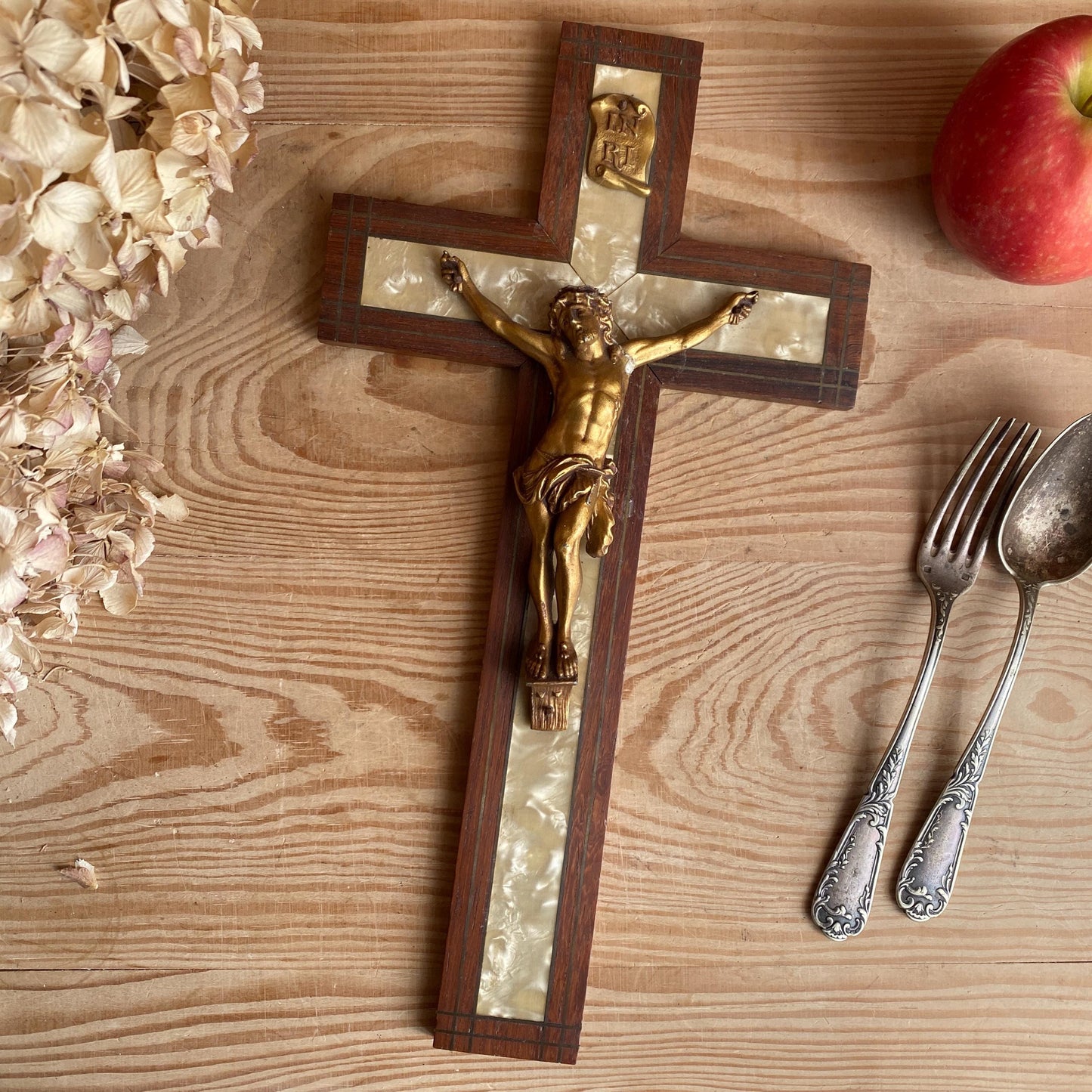 Vintage Crucifix in Wood, Stone and Metal, France c.1940