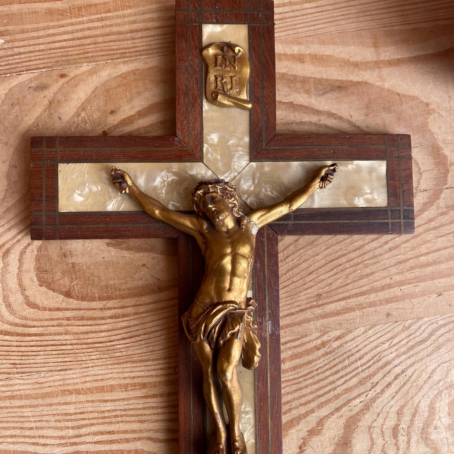 Vintage Crucifix in Wood, Stone and Metal, France c.1940