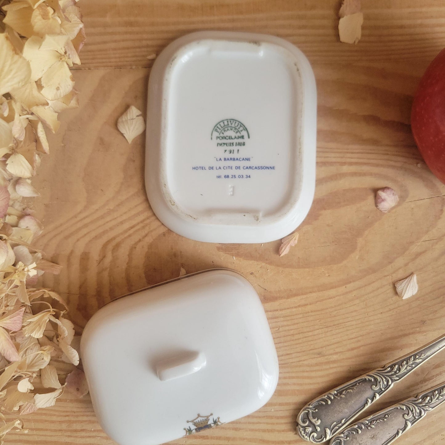 Porcelain Butter Pat / Caviar Cloche from Hotel La Barbacane, Cite de Caracassone, by Pillivuyt, France c.1970