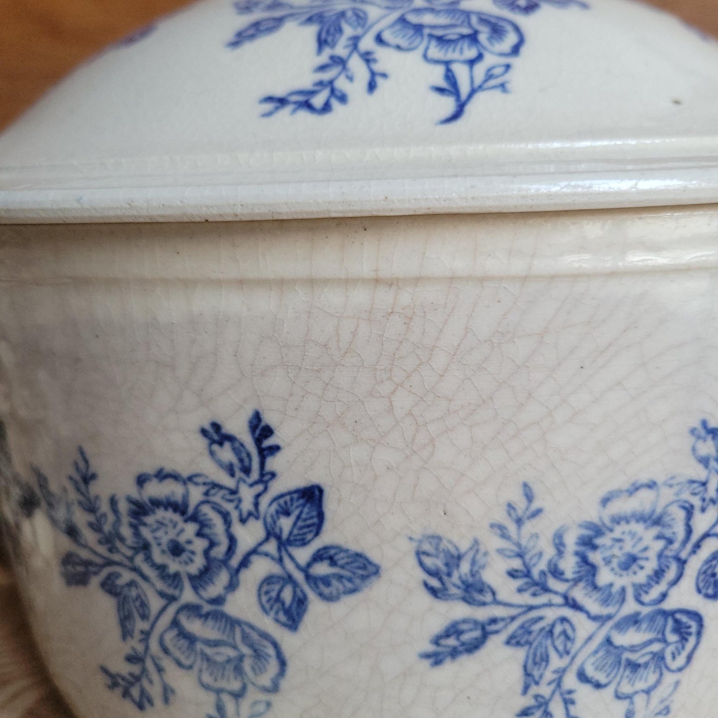 St Uze Stoneware Soupière with Lid, Blue Floral Decoration, France c.1920