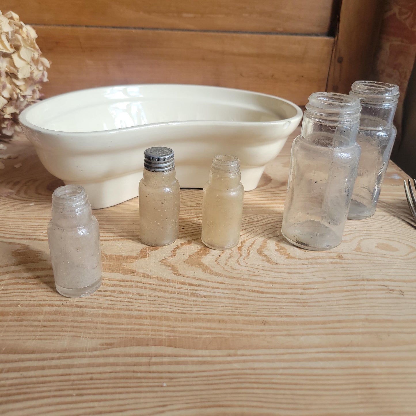 Set of 5 Antique Glass Bottles and fish terrine mould, France 1900-1920