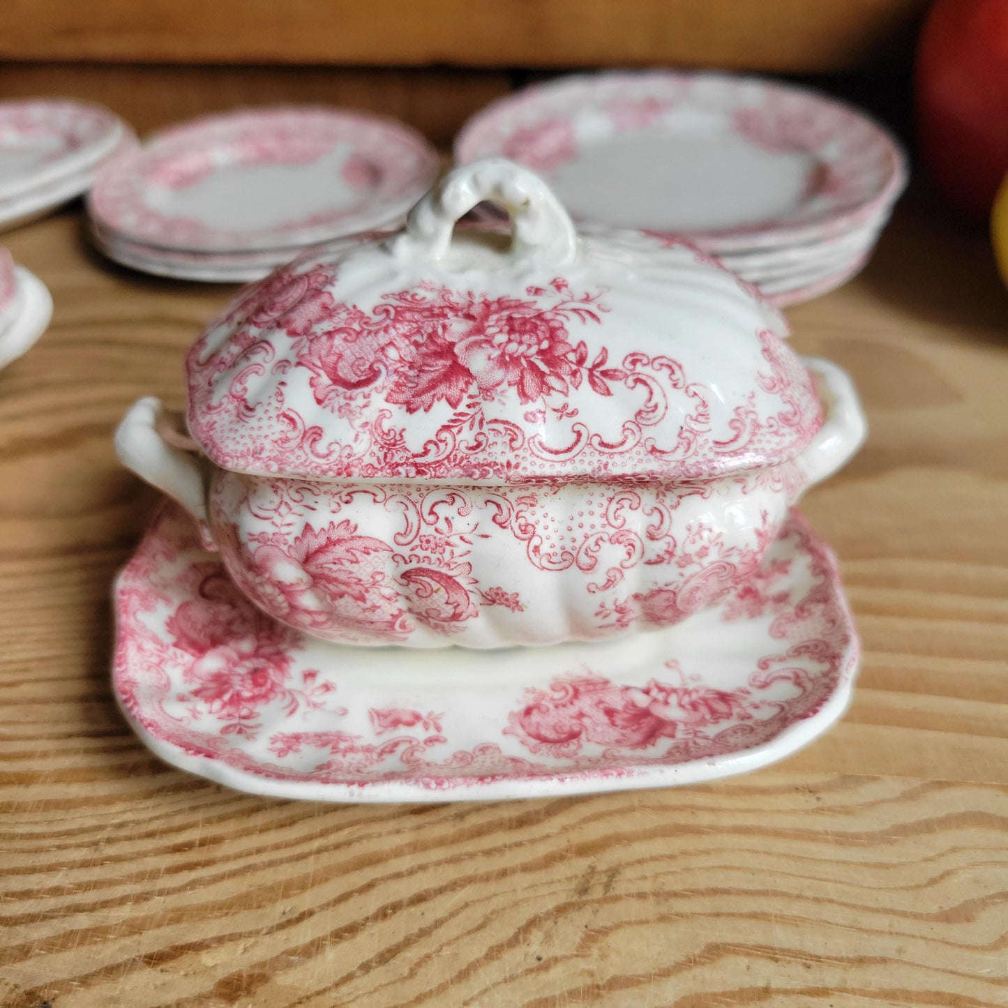 Antique French Dinette Set, 10 Plates and 2 Soupières, pink Transferware ‘Ashley’ by B&S