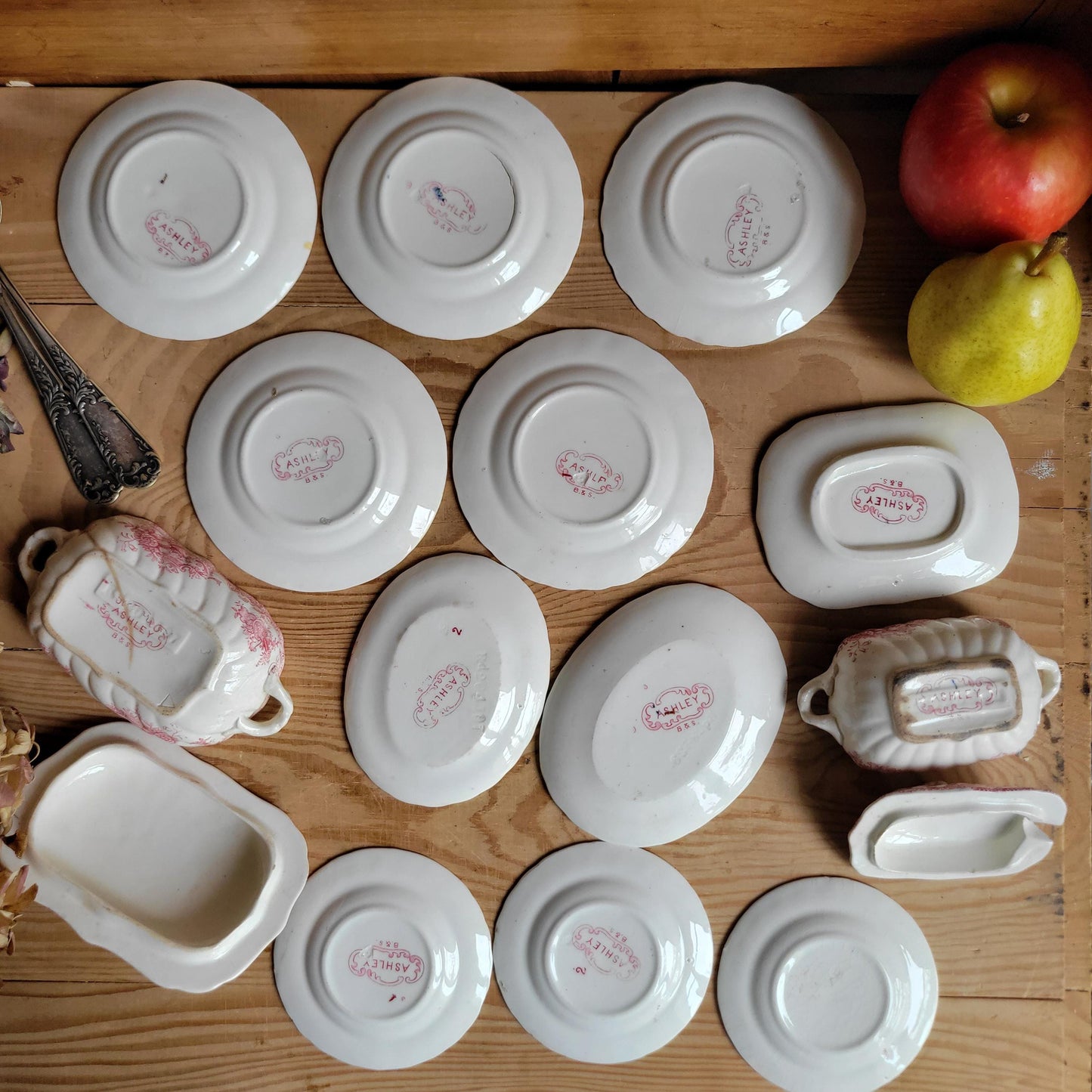 Antique French Dinette Set, 10 Plates and 2 Soupières, pink Transferware ‘Ashley’ by B&S