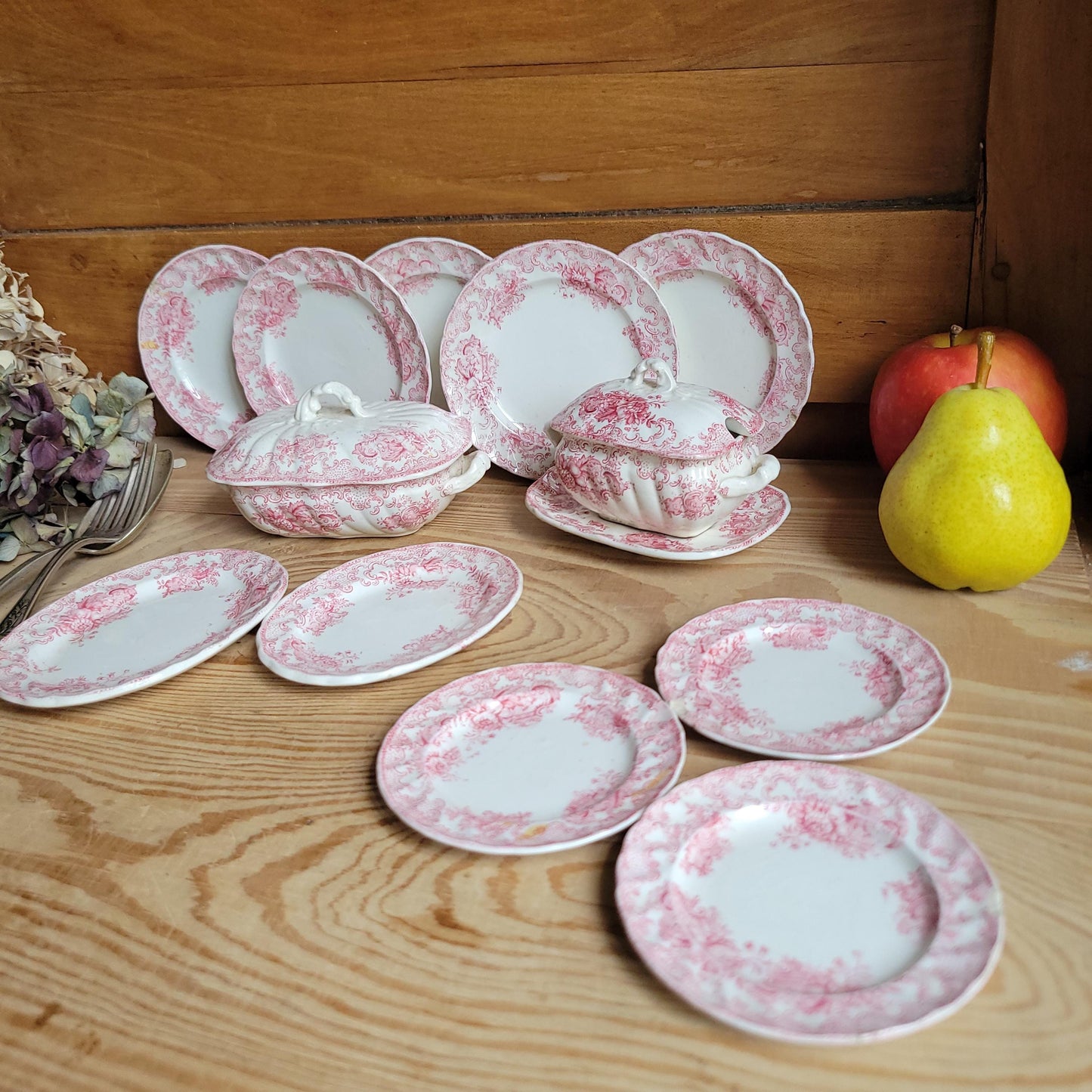 Antique French Dinette Set, 10 Plates and 2 Soupières, pink Transferware ‘Ashley’ by B&S