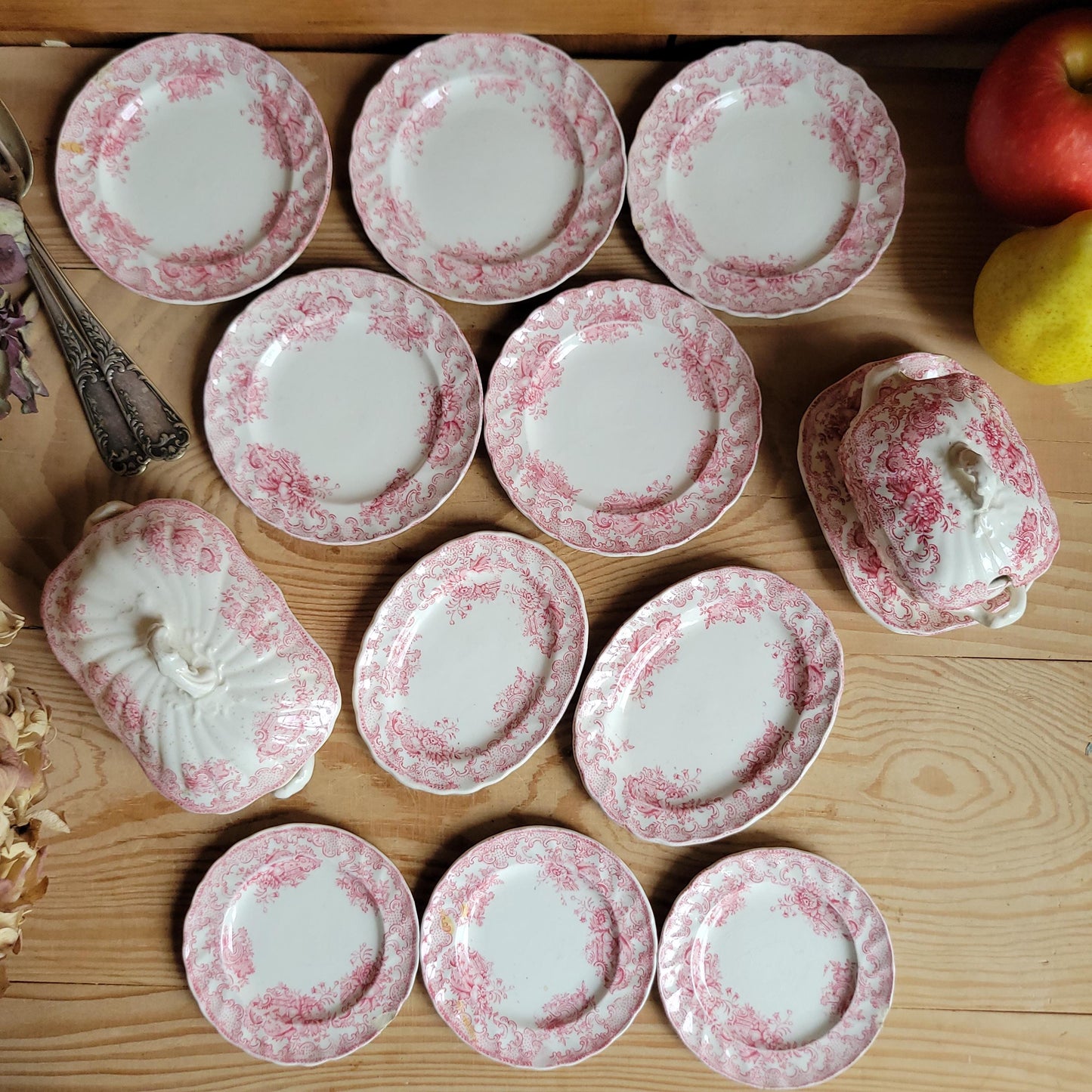 Antique French Dinette Set, 10 Plates and 2 Soupières, pink Transferware ‘Ashley’ by B&S