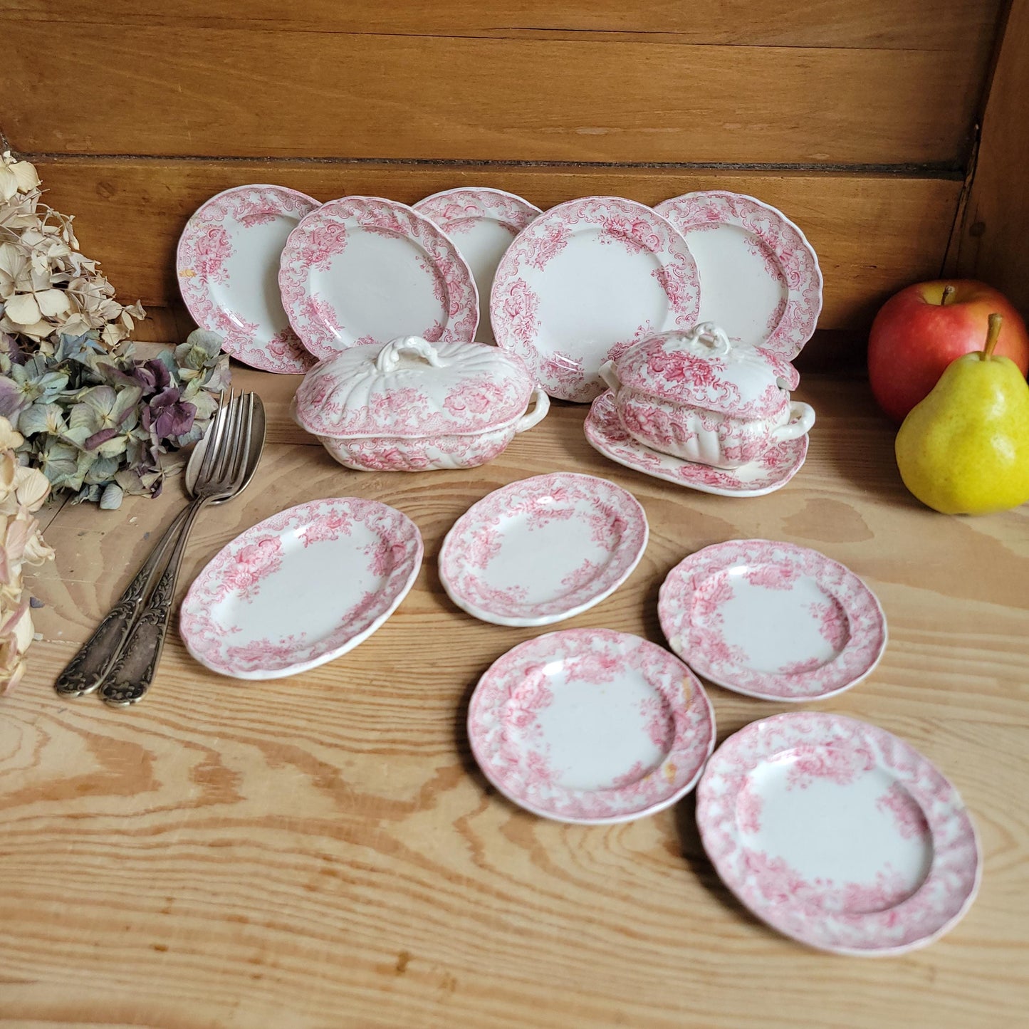 Antique French Dinette Set, 10 Plates and 2 Soupières, pink Transferware ‘Ashley’ by B&S