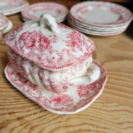 Antique French Dinette Set, 10 Plates and 2 Soupières, pink Transferware ‘Ashley’ by B&S
