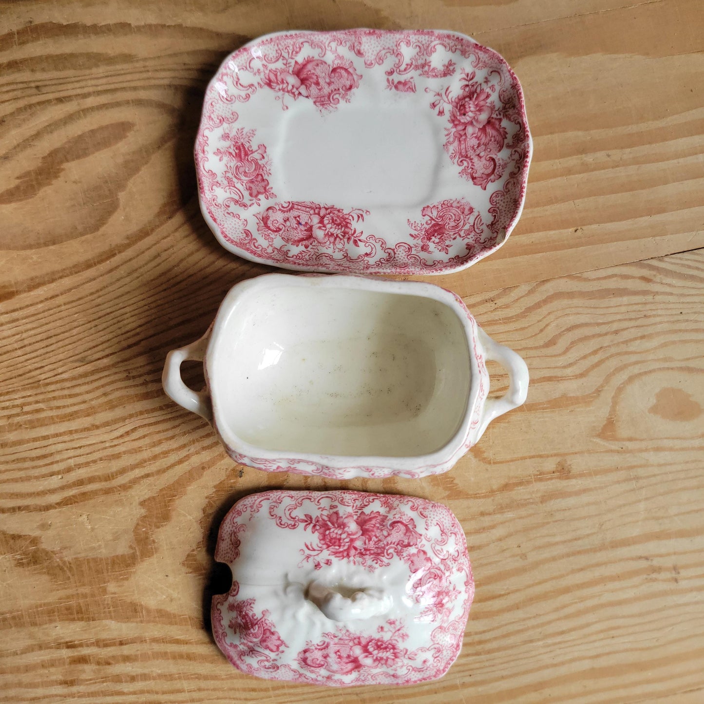 Antique French Dinette Set, 10 Plates and 2 Soupières, pink Transferware ‘Ashley’ by B&S