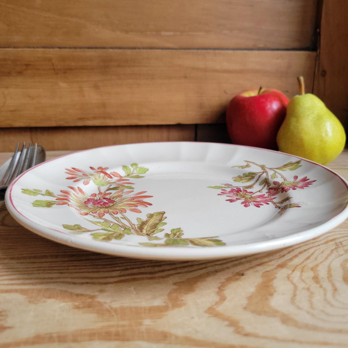 Antique Longchamp Dessert Plate with Polychrome Pink Floral Transferware, France c.1890