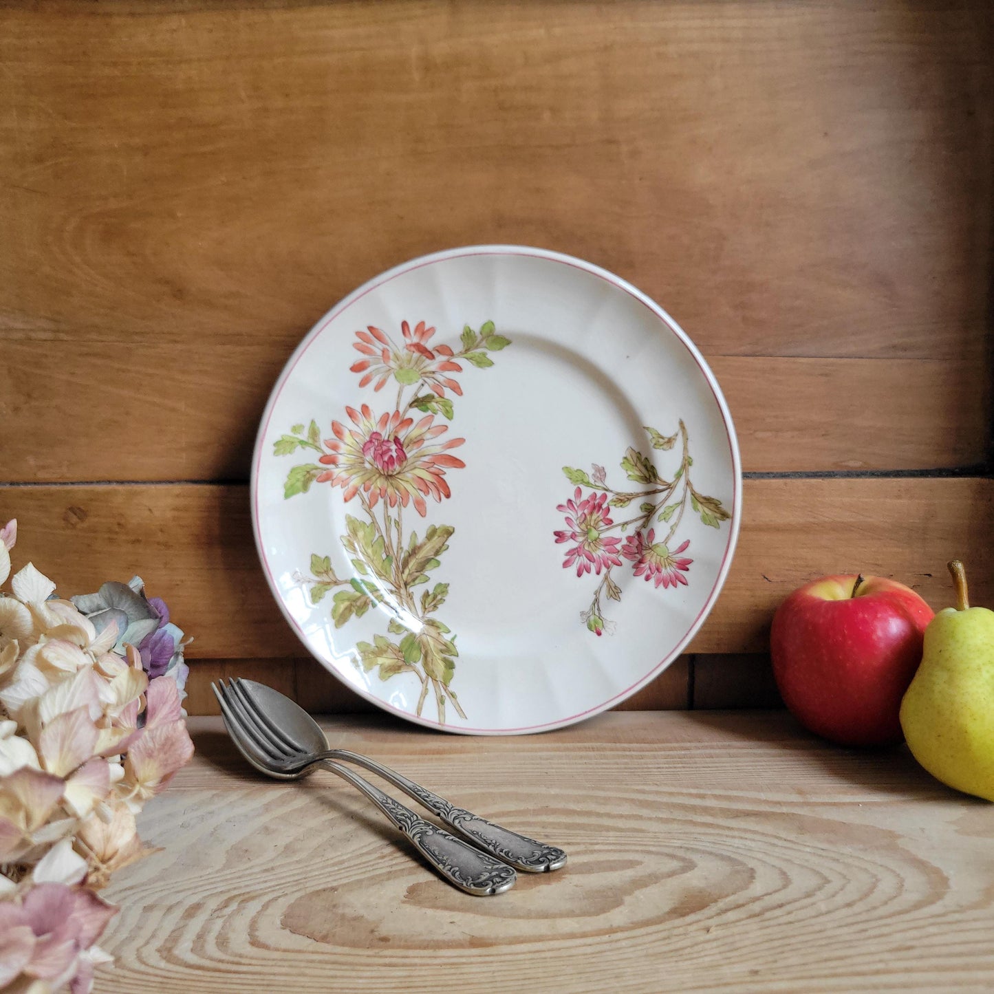 Antique Longchamp Dessert Plate with Polychrome Pink Floral Transferware, France c.1890