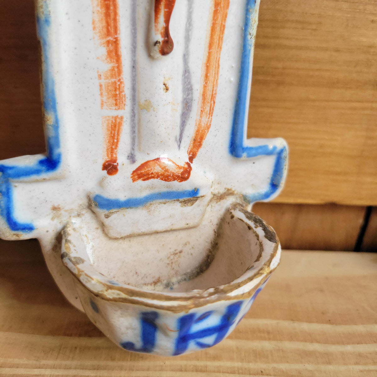18th Century Ceramic Crucifix with rare intact font & 'JHS' Monogram, France or Southern Europe