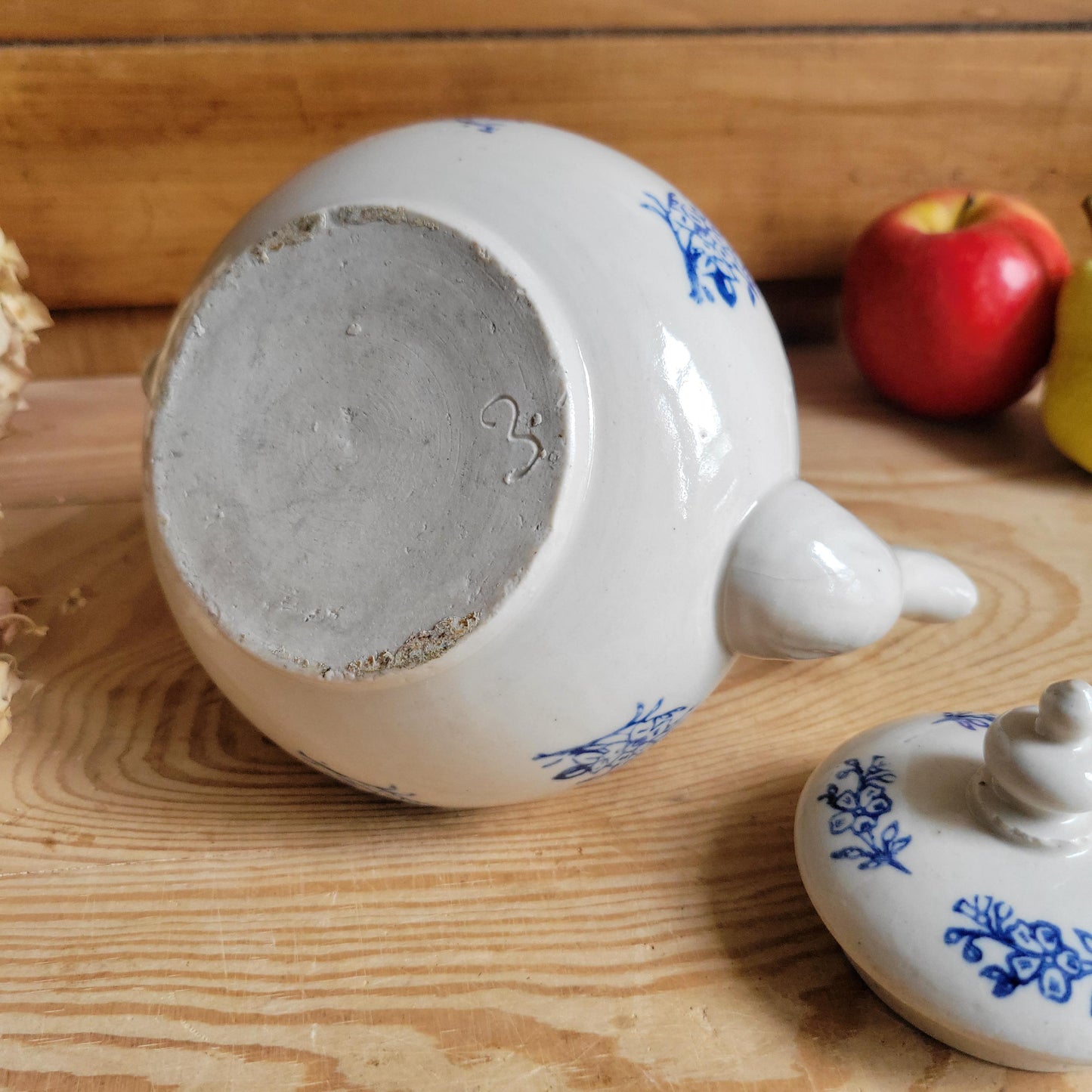 Antique St Uze Stoneware Teapot with Lid and Blue Floral Decoration, France c.1900