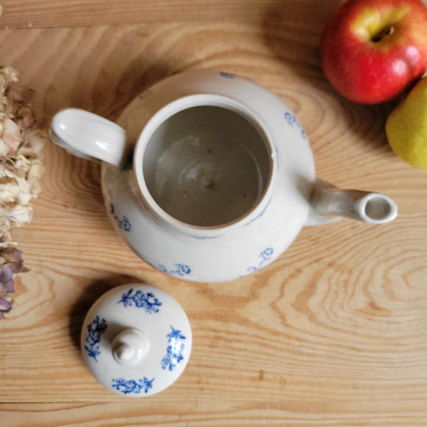 Antique St Uze Stoneware Teapot with Lid and Blue Floral Decoration, France c.1900