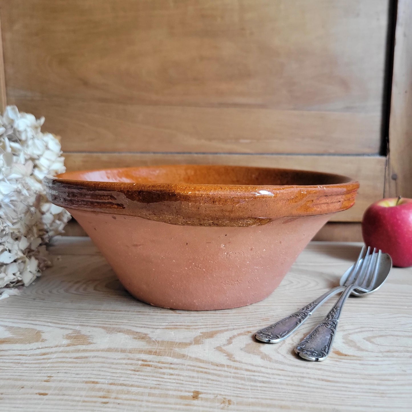 Vintage Terracotta Tian Bowl with Brown Glazed Rim and Handles, France