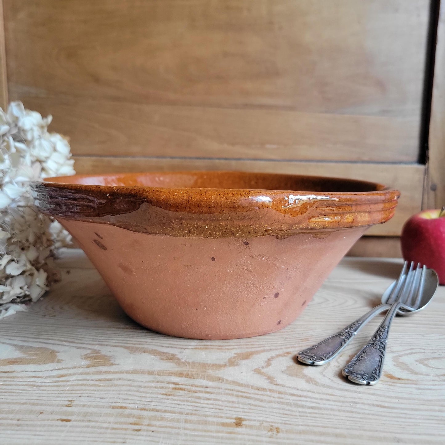 Vintage Terracotta Tian Bowl with Brown Glazed Rim and Handles, France