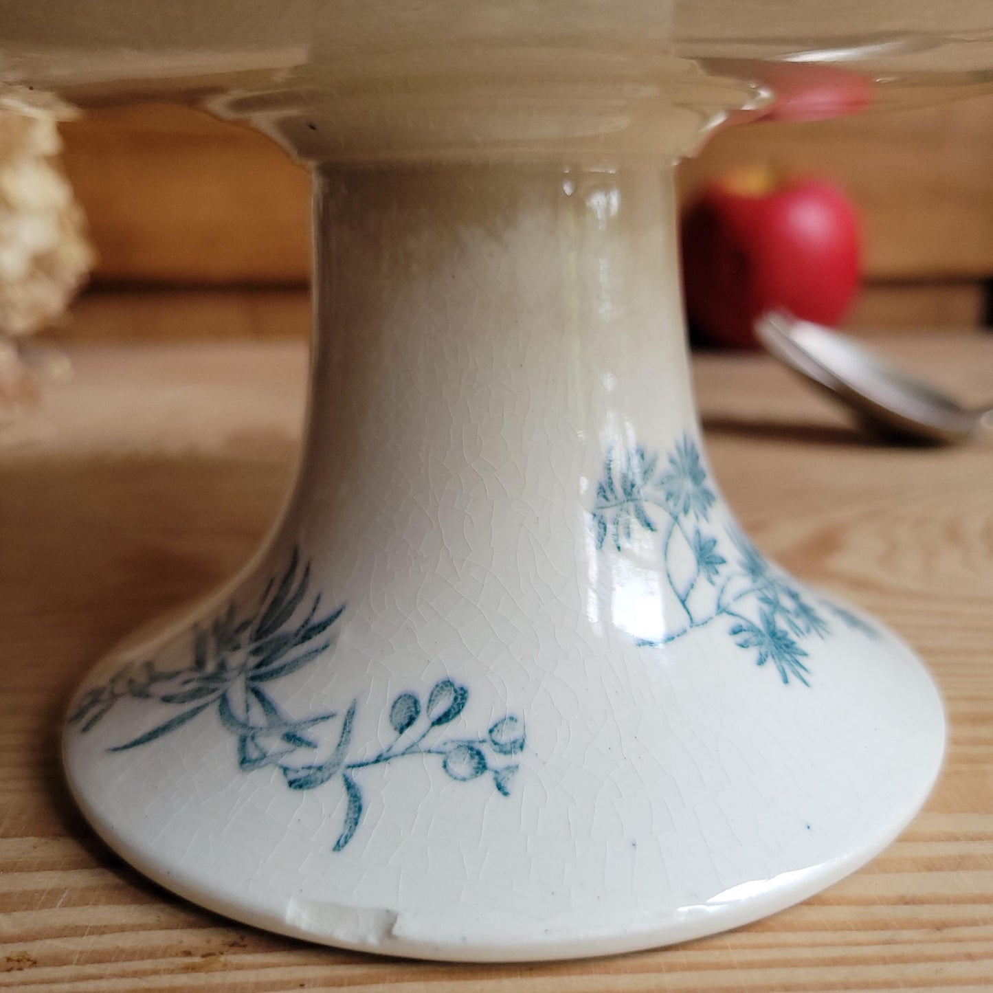 Elegant Longwy Compotier ‘Mignon’ with beautiful patina, Birds, Blue Green Transferware, France c.1880