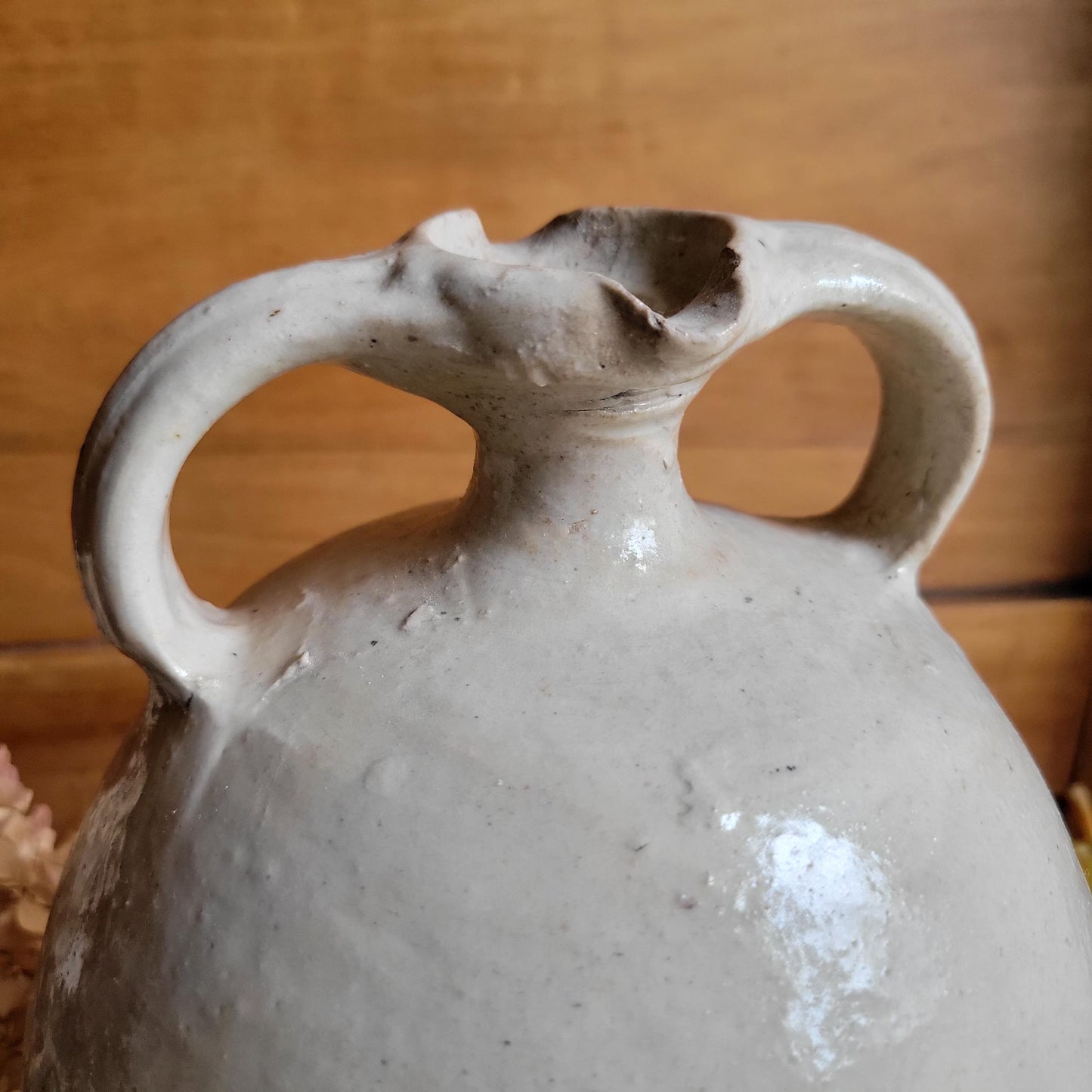 Tall Antique French Oil Jug with Twin Handles at Spout, Ecru Stoneware, La Borne c.1900