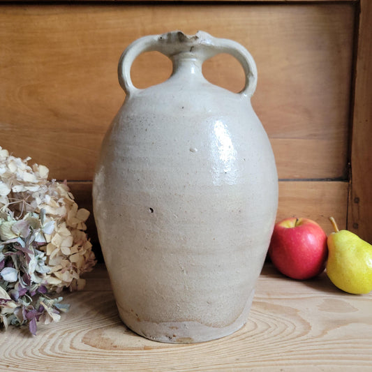 Tall Antique French Oil Jug with Twin Handles at Spout, Ecru Stoneware, La Borne c.1900