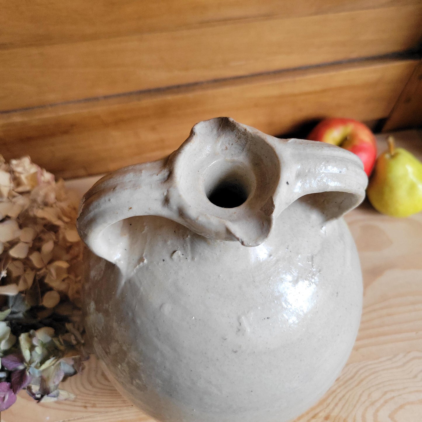 Tall Antique French Oil Jug with Twin Handles at Spout, Ecru Stoneware, La Borne c.1900