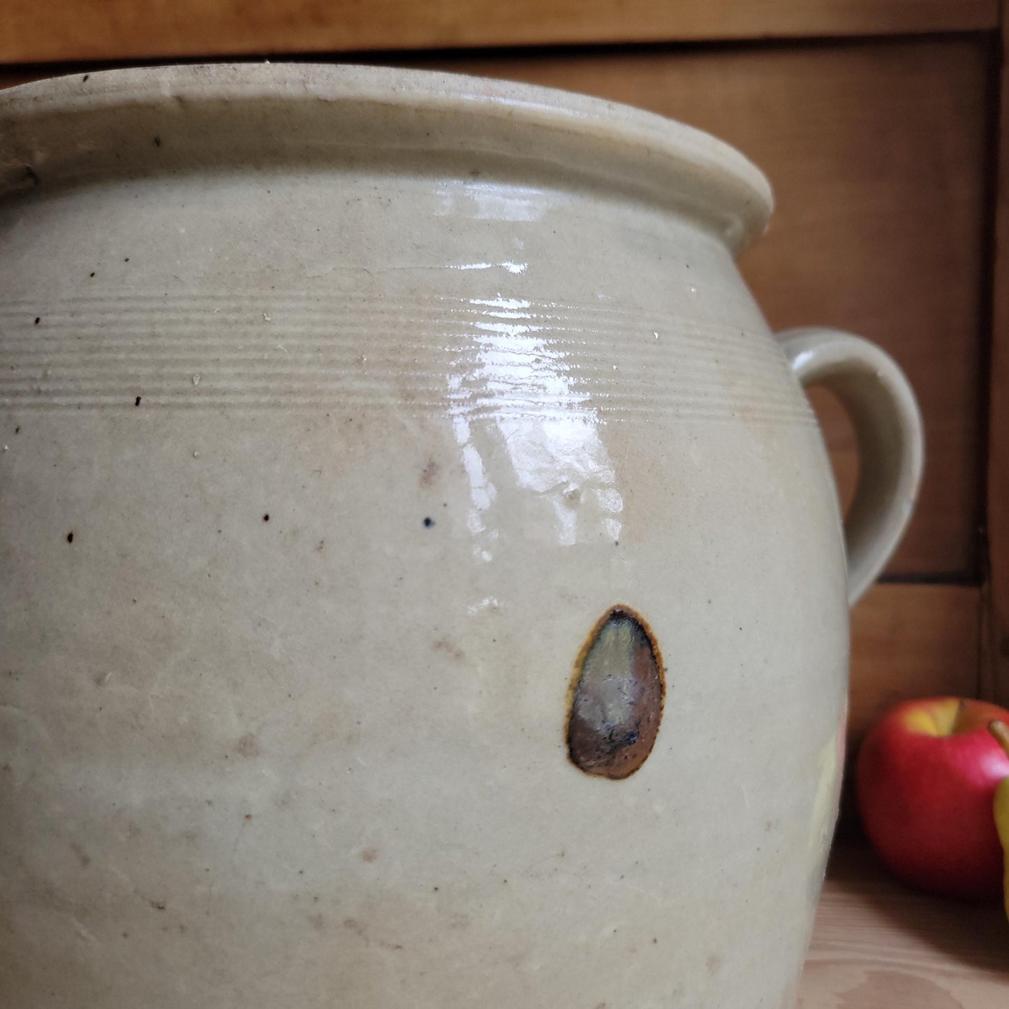 Very Large Antique Ecru Confit Pot with Loop Handles and Kiln ‘Birthmark’, France c.1900