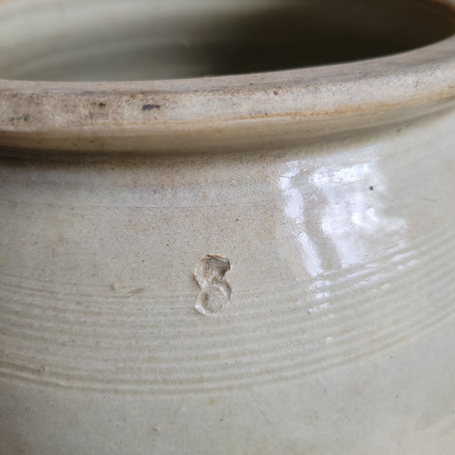 Very Large Antique Ecru Confit Pot with Loop Handles and Kiln ‘Birthmark’, France c.1900