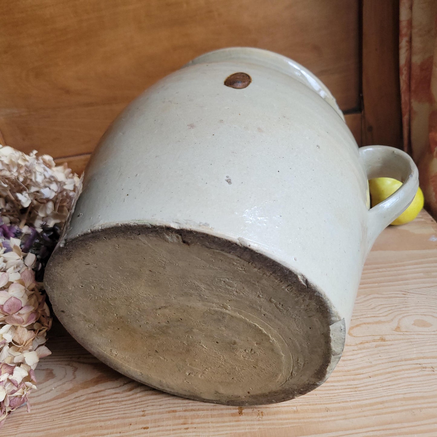 Very Large Antique Ecru Confit Pot with Loop Handles and Kiln ‘Birthmark’, France c.1900