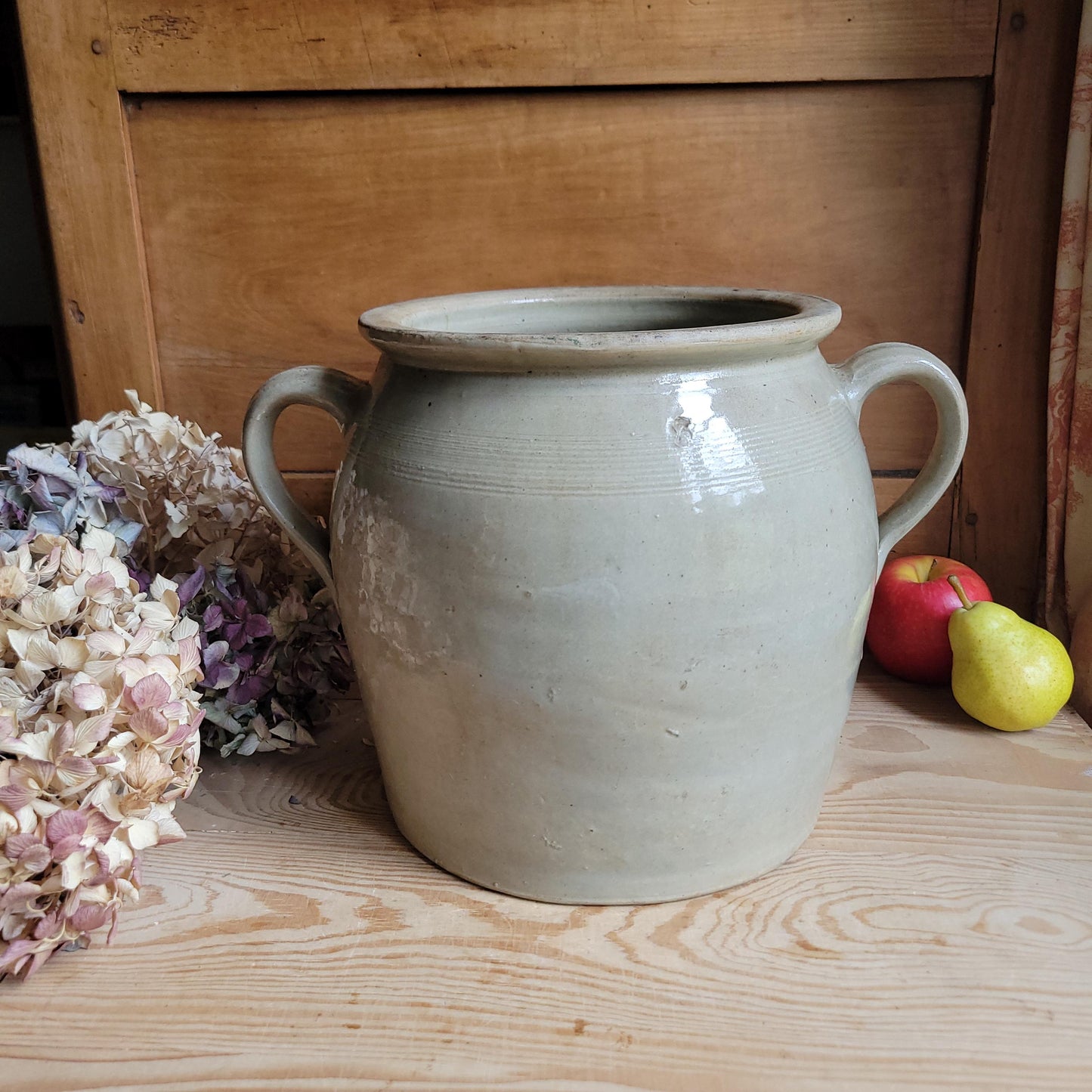 Very Large Antique Ecru Confit Pot with Loop Handles and Kiln ‘Birthmark’, France c.1900