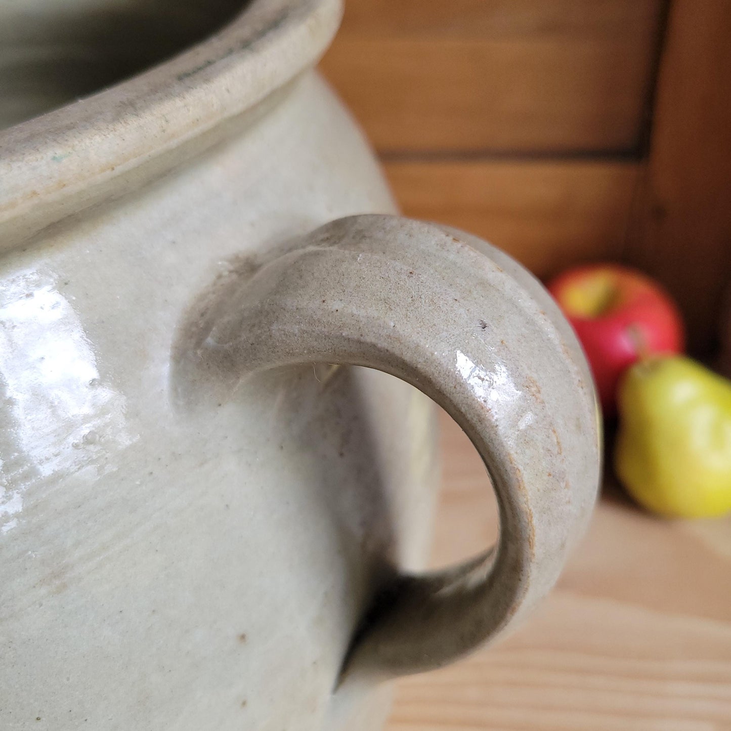 Very Large Antique Ecru Confit Pot with Loop Handles and Kiln ‘Birthmark’, France c.1900