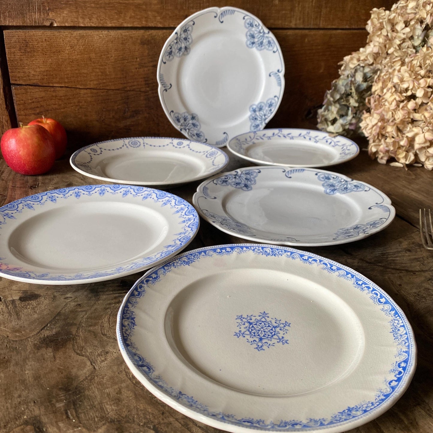 SET 6 mismatched vintage ironstone dinner plates, blue and white transferware floral patterns, France c1880-1925