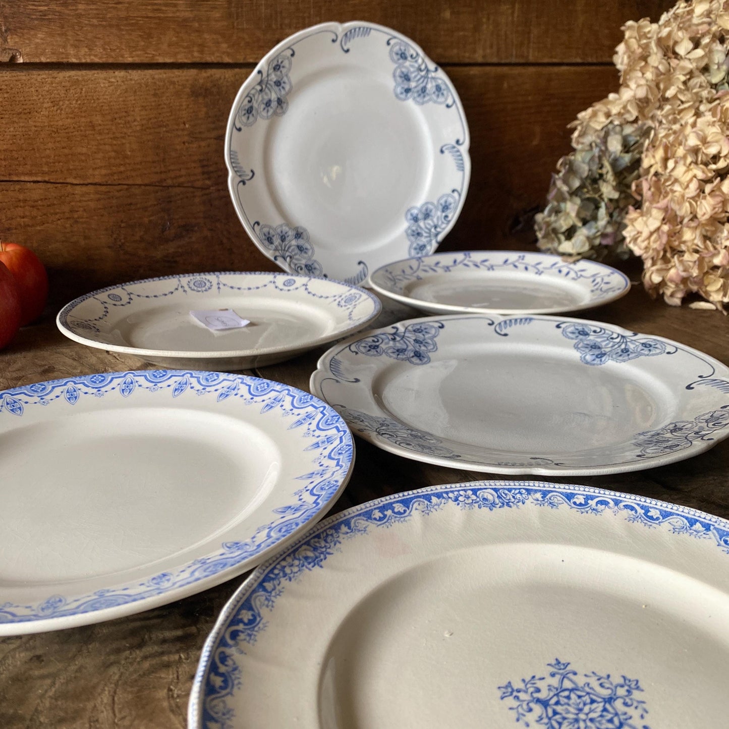 SET 6 mismatched vintage ironstone dinner plates, blue and white transferware floral patterns, France c1880-1925