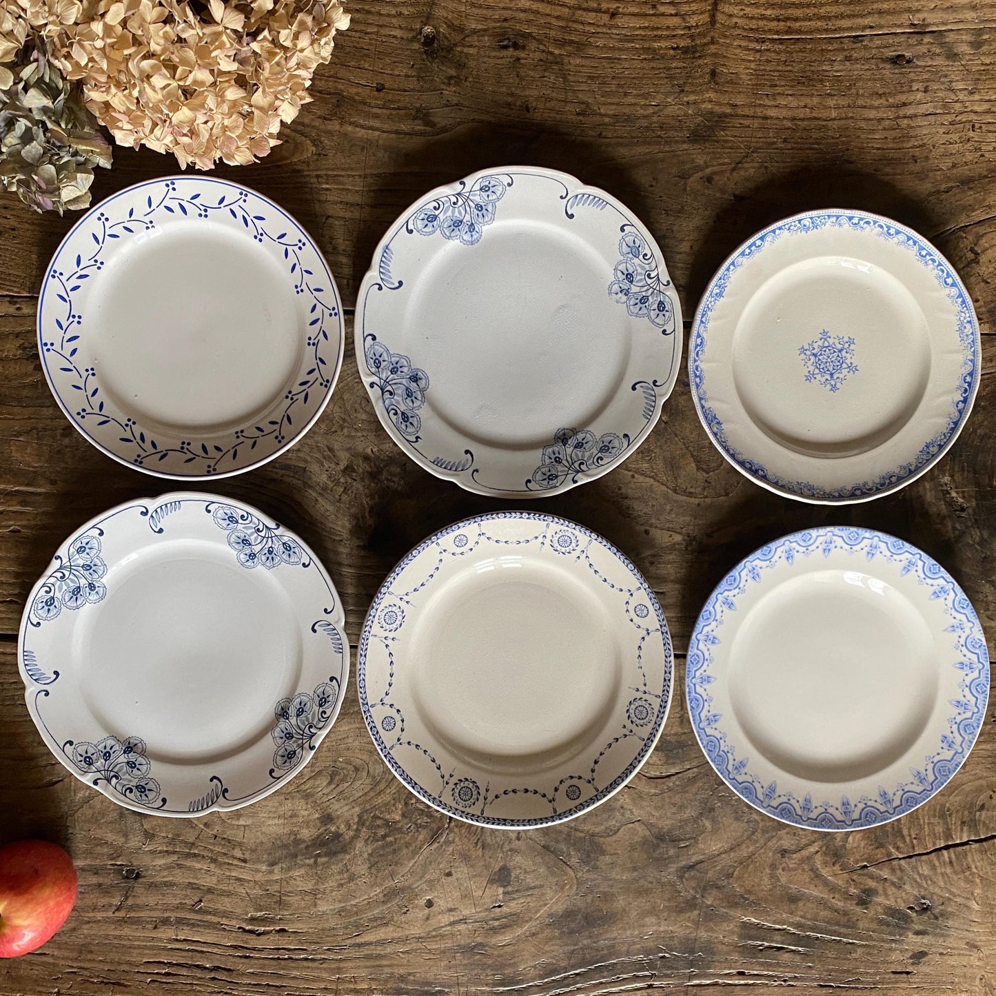 SET 6 mismatched vintage ironstone dinner plates, blue and white transferware floral patterns, France c1880-1925