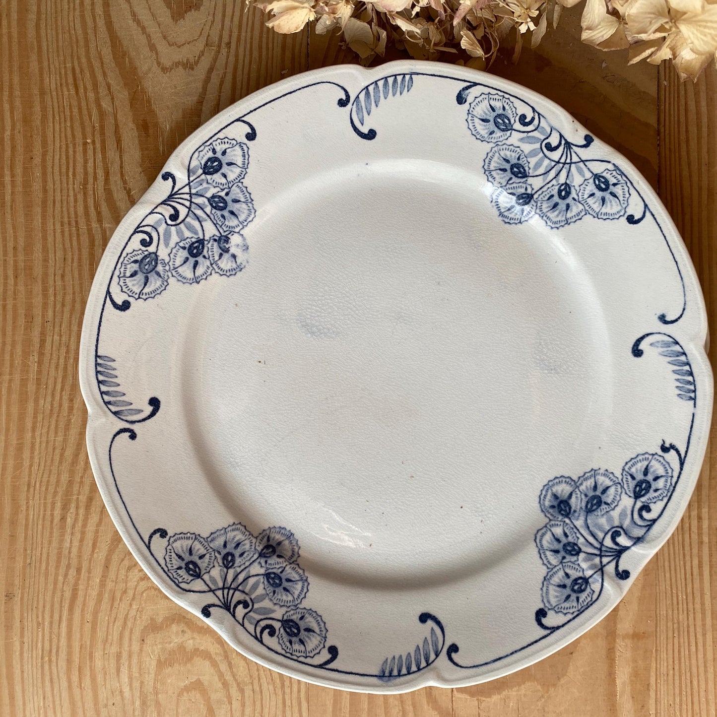 SET 6 mismatched vintage ironstone dinner plates, blue and white transferware floral patterns, France c1880-1925