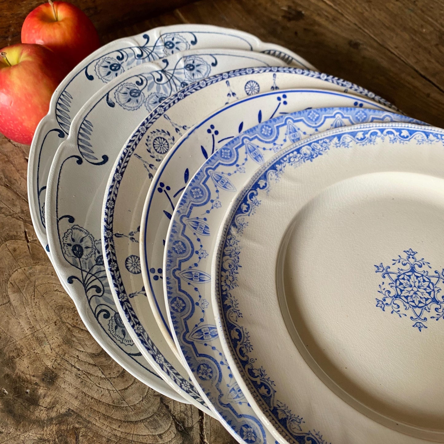 SET 6 mismatched vintage ironstone dinner plates, blue and white transferware floral patterns, France c1880-1925