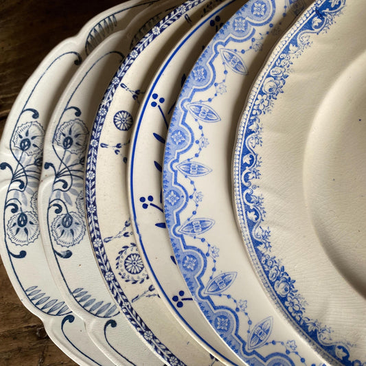 SET 6 mismatched vintage ironstone dinner plates, blue and white transferware floral patterns, France c1880-1925