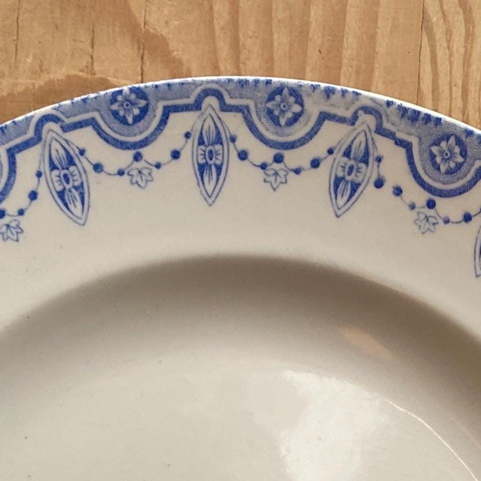 SET 6 mismatched vintage ironstone dinner plates, blue and white transferware floral patterns, France c1880-1925
