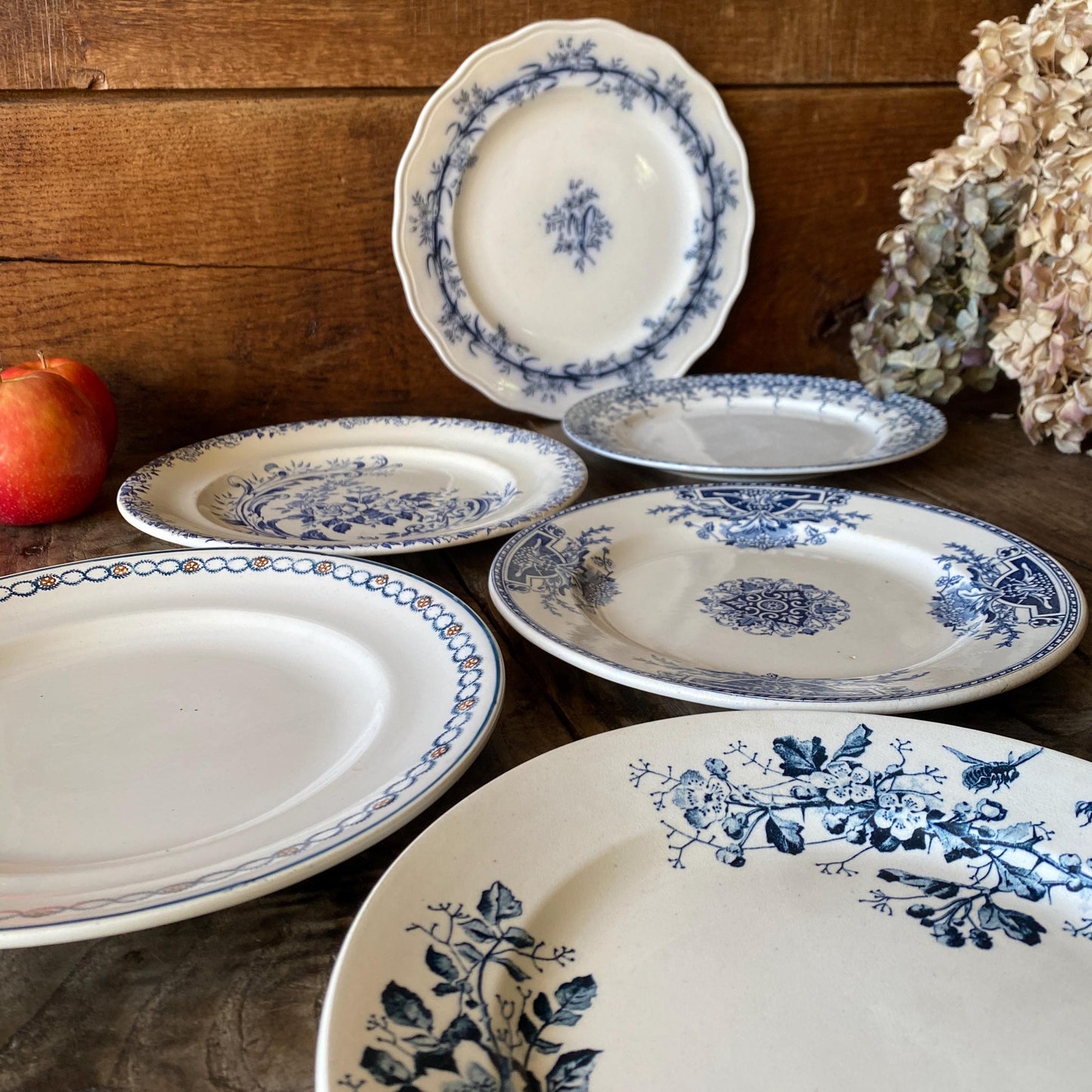 SET 6 mismatched antique ironstone dinner plates, blue and white transferware patterns, florals France c1880-1900