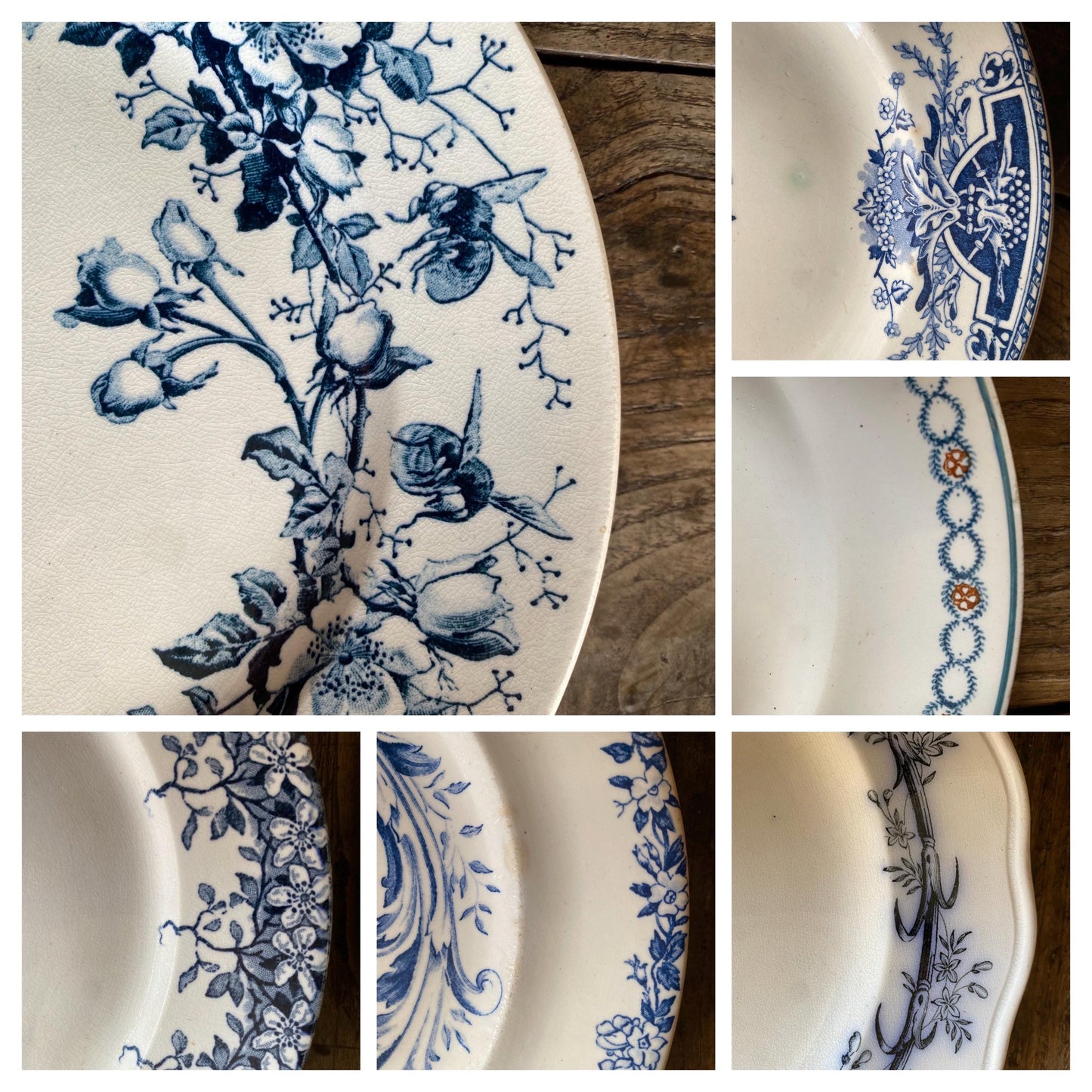 SET 6 mismatched antique ironstone dinner plates, blue and white transferware patterns, florals France c1880-1900